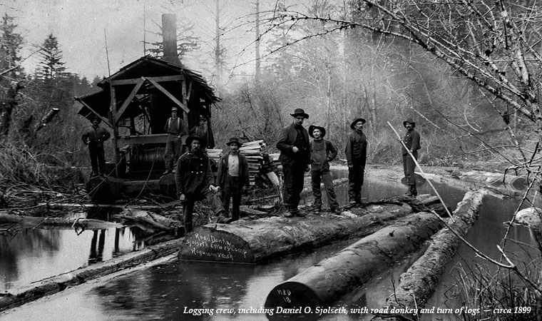Logging crew with road donkey, circa 1899 Photo credit: Jones Photo Historical Collection